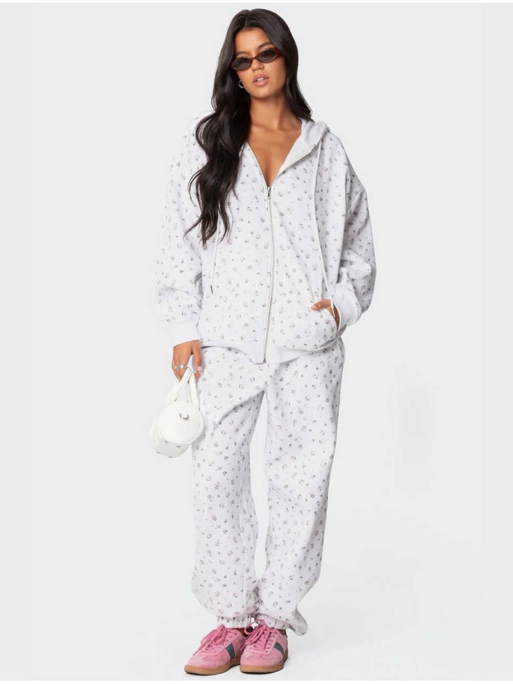 Edikted Cozy White Floral Zip Hoodie & Jogger Set
